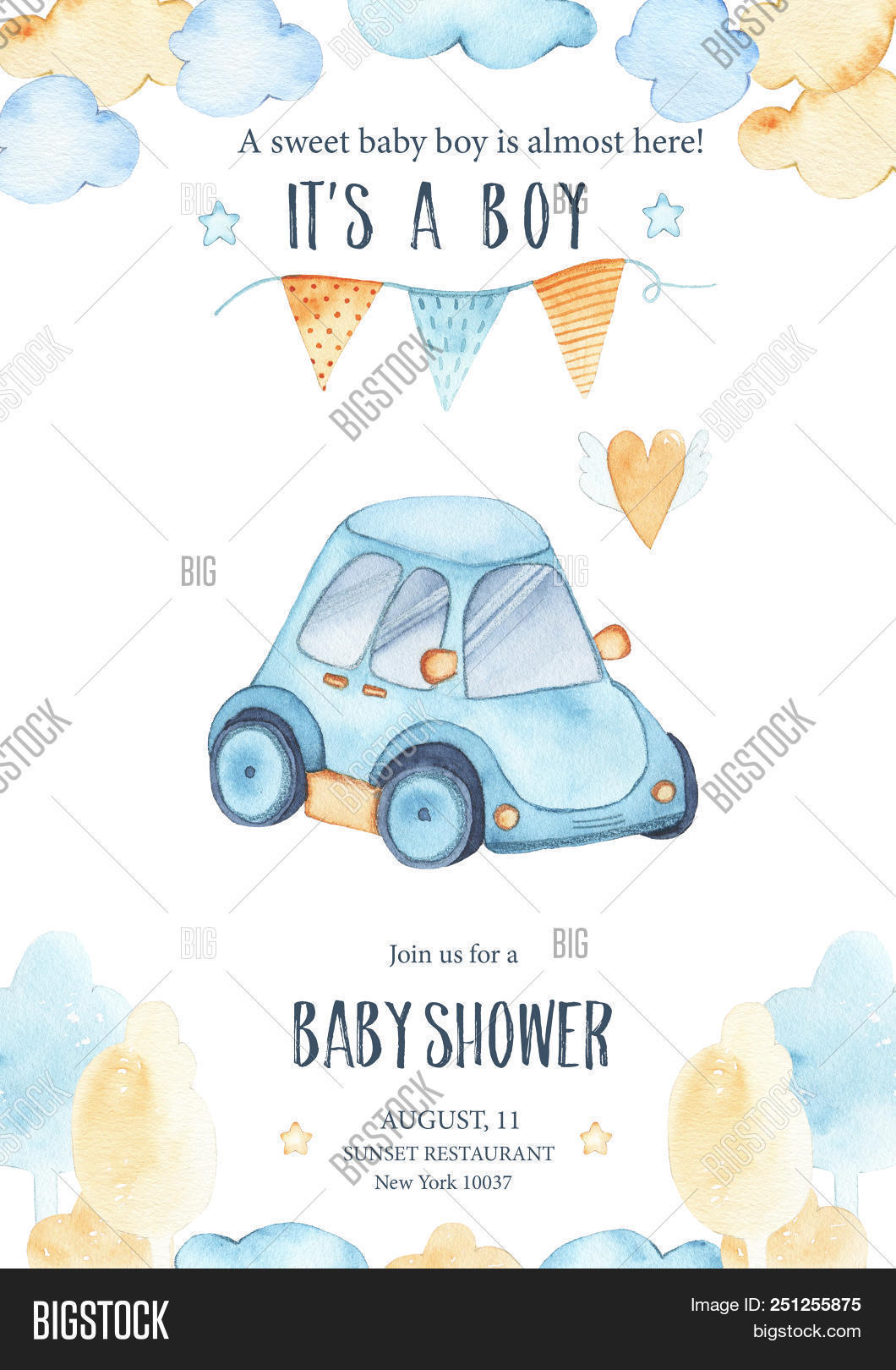 1060x1620 Watercolor Its Baby Boy Shower With Cute Blue Car Auto Image - Baby Boy Watercolor