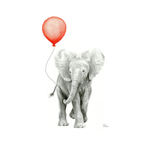 300x300 Baby Elephant Watercolor Red Balloon Painting By Olga Shvartsur - Baby Elephant Watercolor