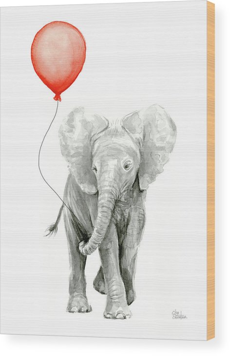 472x732 Baby Elephant Watercolor Red Balloon Wood Print By Olga Shvartsur - Baby Elephant Watercolor