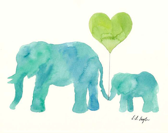 570x451 Original Custom Watercolor Painting Mom And Baby Elephants With A - Baby Elephant Watercolor