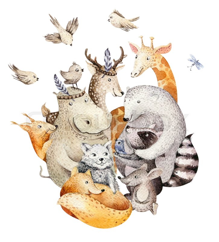 726x800 Cute Family Baby Fox, Deer Animal Nursery Cat, Giraffe, Squirrel - Baby Fox Watercolor