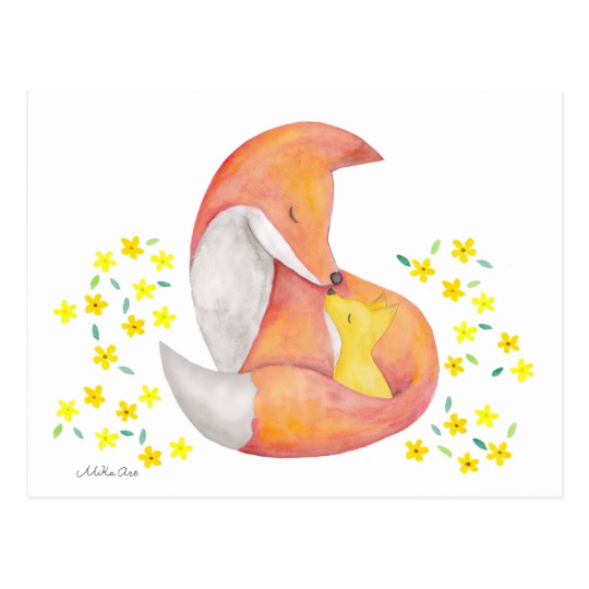 540x540 Fox Mom Baby Postcard Red Fox Watercolor Art Card Zazzle.ca - Baby Fox Watercolor