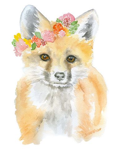 384x480 Fox With Flowers Watercolor Watercolor Watercolor - Baby Fox Watercolor