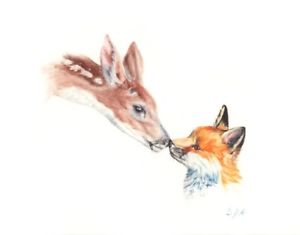 300x235 Original Watercolor Baby Fox And Baby Deer Ebay - Baby Fox Watercolor