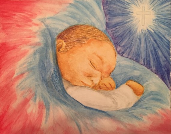 570x448 Christian Art Baby Jesus Religious Art Cross Watercolor Etsy - Baby Jesus Watercolor