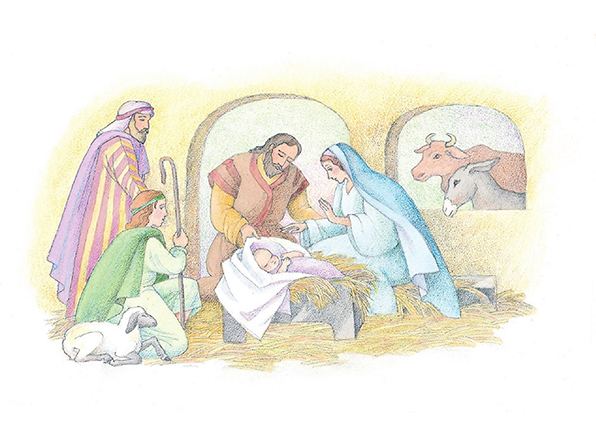 596x447 Shepherds Kneel Before Jesus - Baby Jesus Watercolor