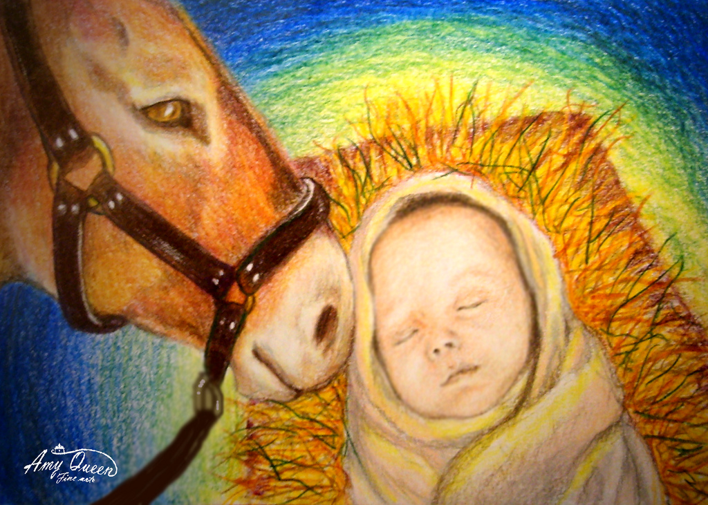1024x731 Donkey Nudging Baby Jesus Jesus Art Fine Art Of A Donkey - Baby Jesus Watercolor