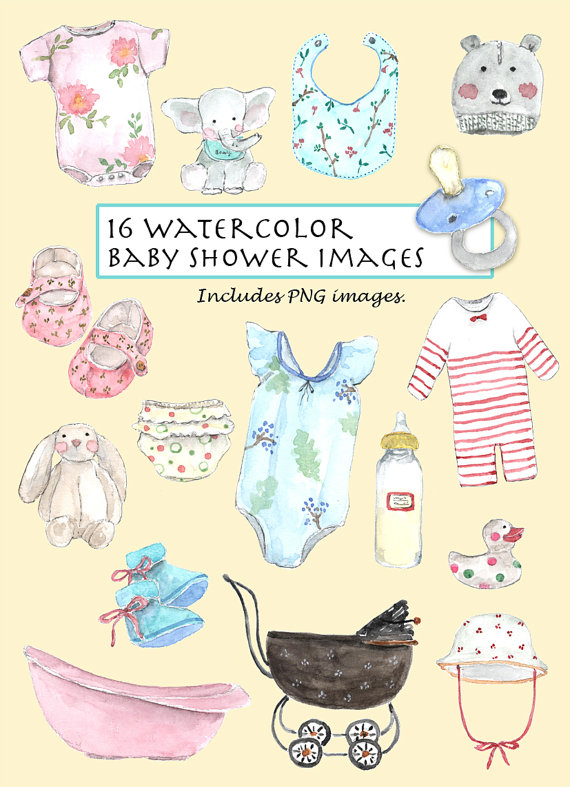 570x787 Clip Art Watercolor Vintage Baby Shower Set. 16 Images. Digital - Baby Shower Watercolor