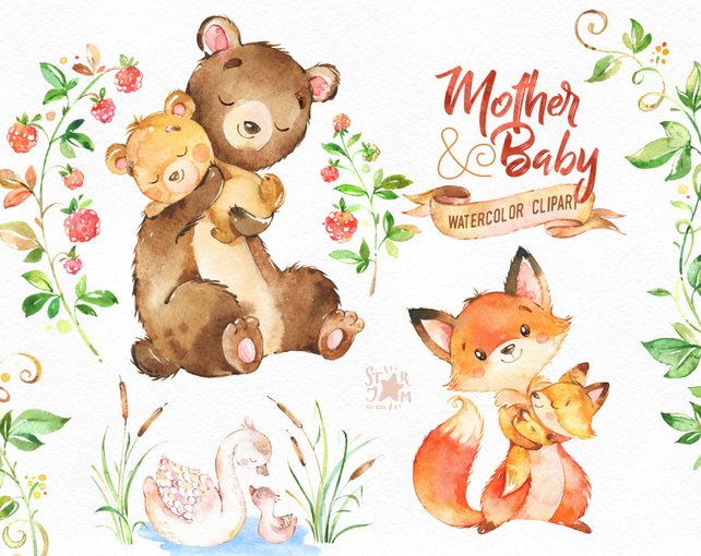 642x510 Mother Amp Baby. Watercolor Animals Clipart Fox Bear Swan Etsy - Baby Watercolor