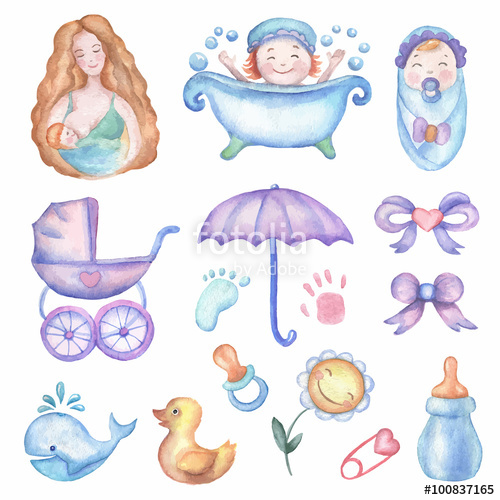 500x500 Watercolor Baby Shower Vector Set Of Design Elements. Stock Image - Baby Watercolor