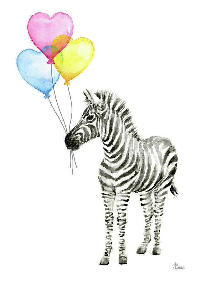 642x900 Baby Zebra Watercolor Animal With Balloons Painting By Olga Shvartsur - Baby Watercolor