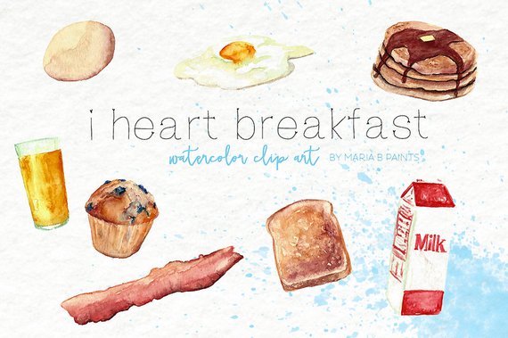 570x379 Breakfast Food Watercolor Clip Art Instant Download Bacon Eggs Etsy - Bacon Watercolor