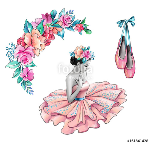 500x481 Watercolor Illustration, Ballerina In Pink Dress, Flowers, Shoes - Ballet Shoes Watercolor