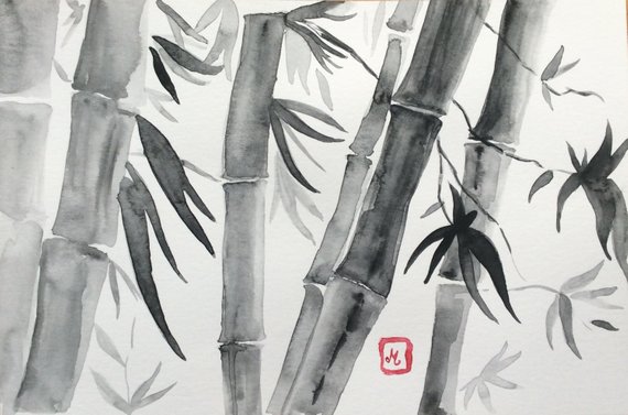 570x377 Bamboo Watercolor Painting Original Artwork Sumi E Style One Etsy - Bamboo Watercolor Painting