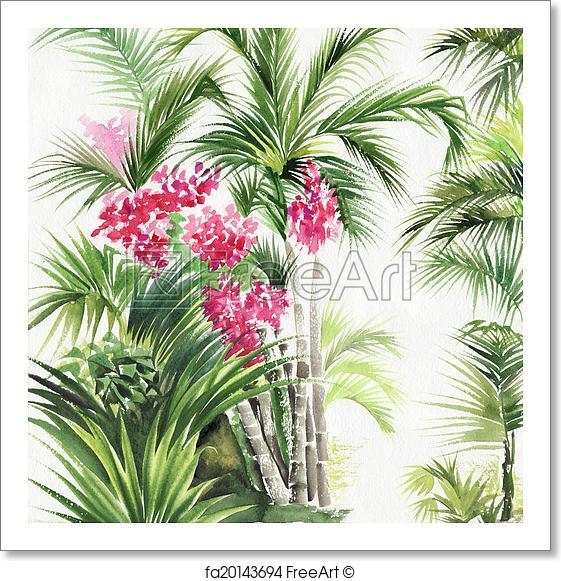 561x581 Free Art Print Of Palm Bamboo Oasis. Watercolor Painting Of - Bamboo Watercolor Painting