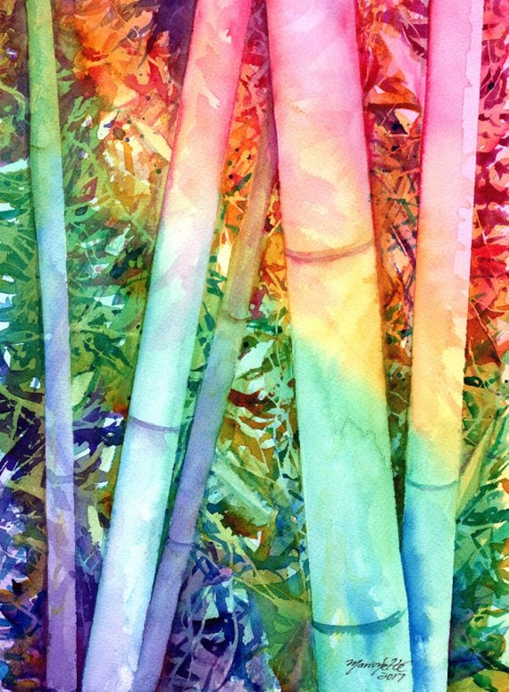 570x775 Bamboo Original Watercolor Painting Kauai Rainbow Bamboo Asian Etsy - Bamboo Watercolor Painting