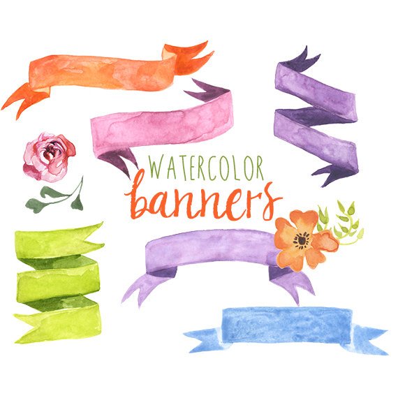 570x570 Watercolor Ribbon Banners Banner Clipart Ribbon Banner Etsy - Banner Watercolor