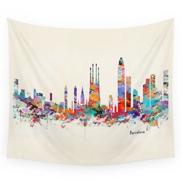 640x640 Barcelona Watercolor Skyline Wall Tapestry Hanging Tapestry For - Barcelona Watercolor