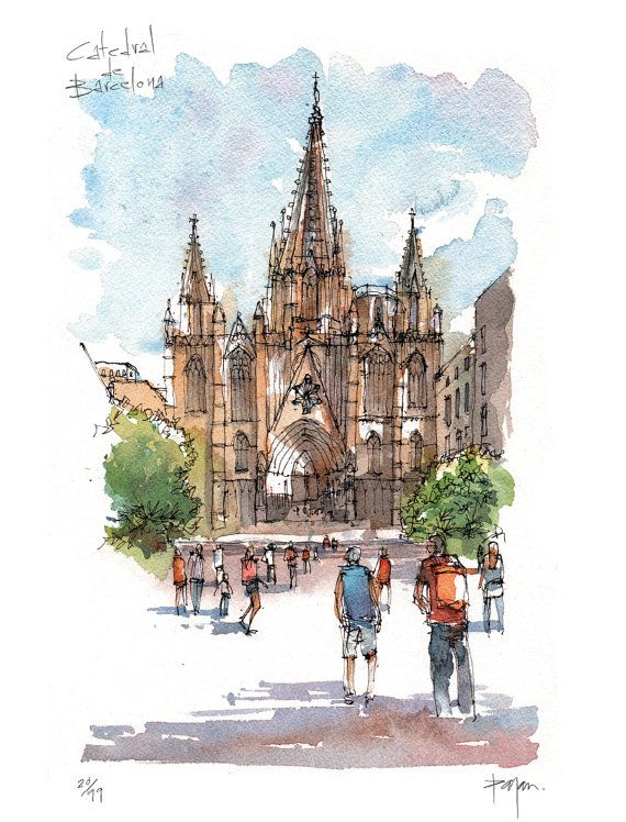 570x748 Catedral De Barcelona Watercolor Limited Edition Print Barri - Barcelona Watercolor