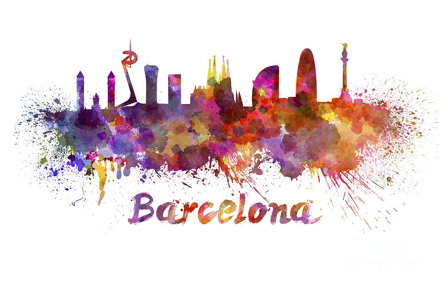 900x590 Barcelona Skyline In Watercolor Painting By Pablo Romero - Barcelona Watercolor