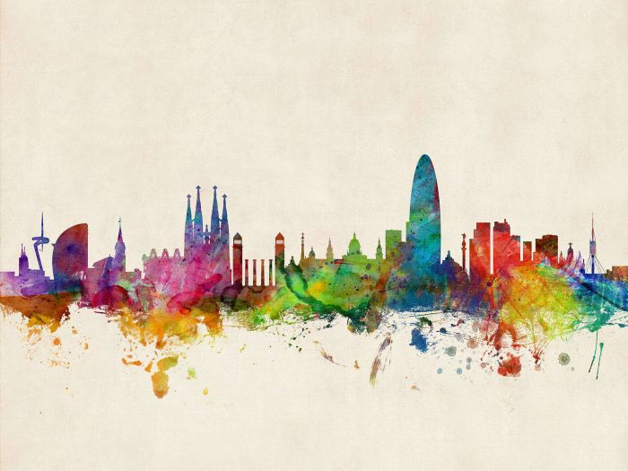 700x525 Barcelona Spain Watercolour Skyline - Barcelona Watercolor