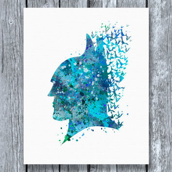 354x354 Batman Head Watercolor Art Print Instant From Allartprints - Batman Logo Watercolor