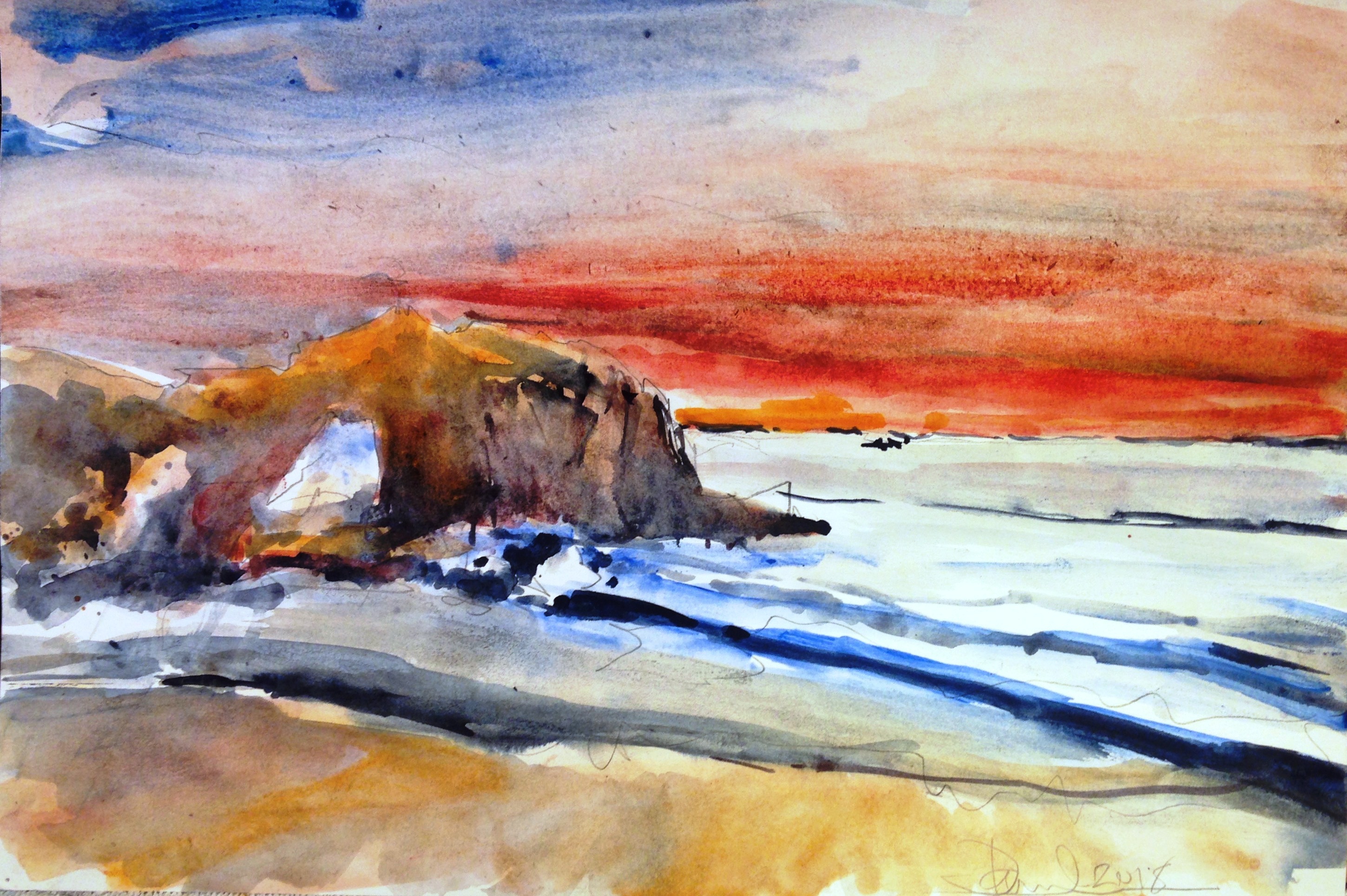 2899x1929 Daniel Clarke Artwork Pearl Street Beach Sunset Original - Beach Sunset Watercolor