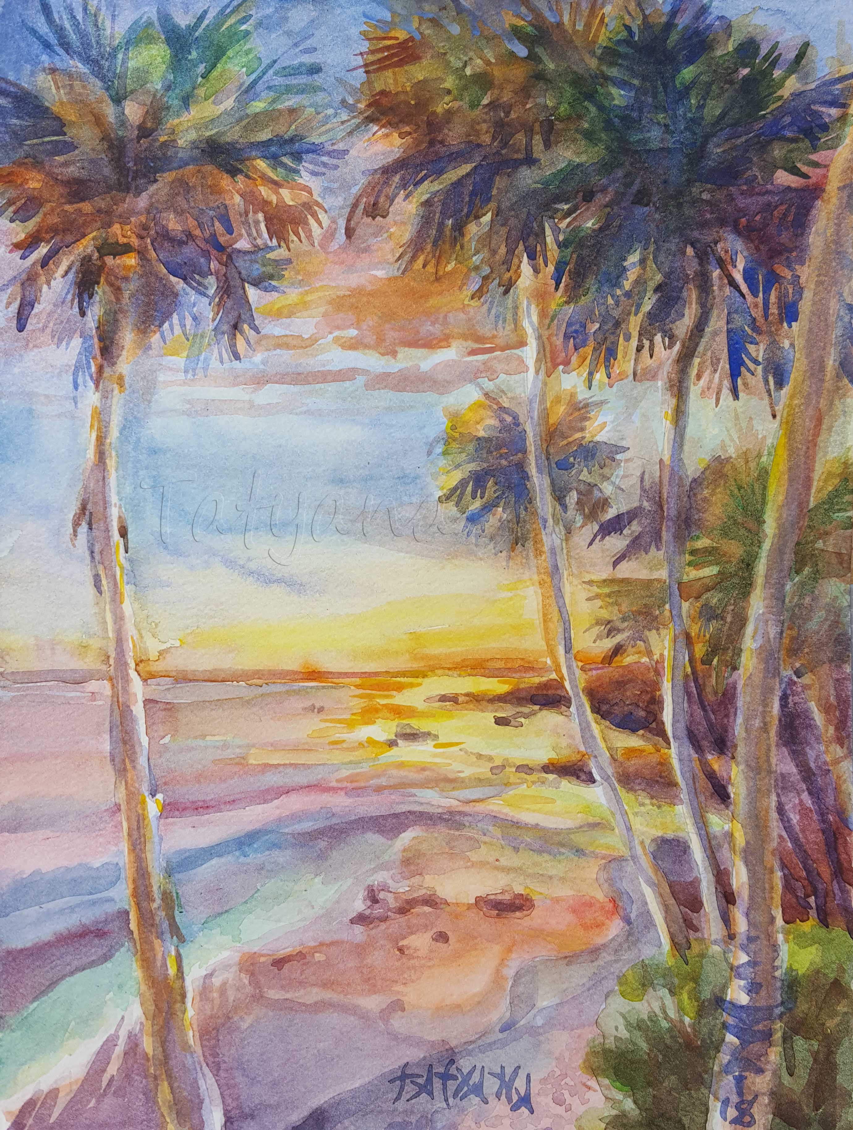 2760x3658 Laguna Beach Sunset Heisler Park Watercolor Painting For Sale - Beach Sunset Watercolor