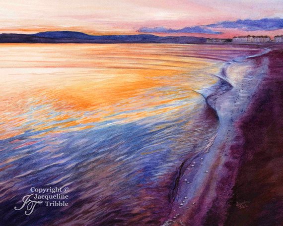 570x456 Print Exmouth Beach Sunset Watercolor Painting Landscape Etsy - Beach Sunset Watercolor