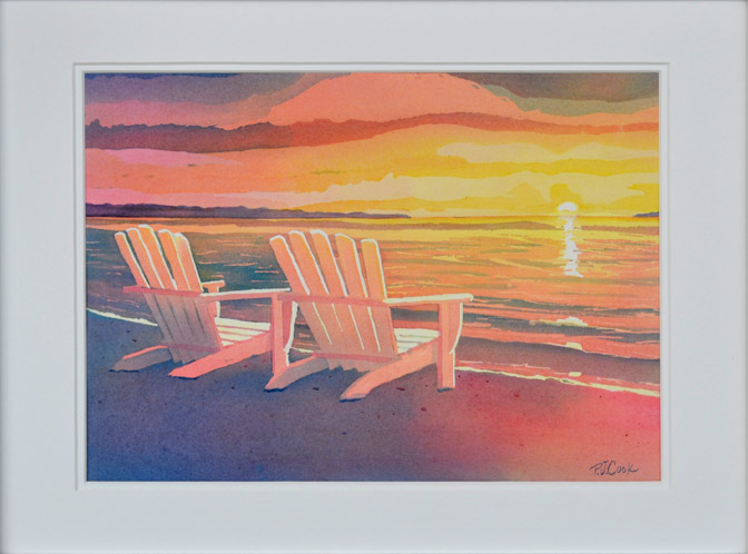 672x498 Sunset Painting Original Art Landscape Beach Adirondack Chair - Beach Sunset Watercolor