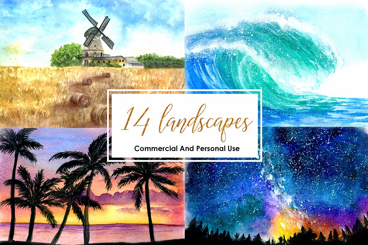 1200x800 Watercolor Landscape Bundle Watercolor Beach Sunset Galaxy Texture - Beach Sunset Watercolor