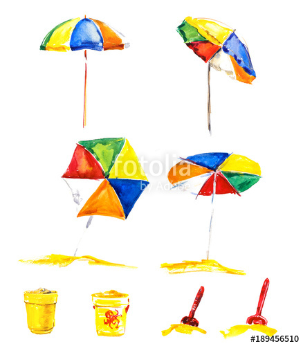 438x500 Beach Umbrella, Games In Sand. Watercolor Hand Drawn Illustration - Beach Umbrella Watercolor