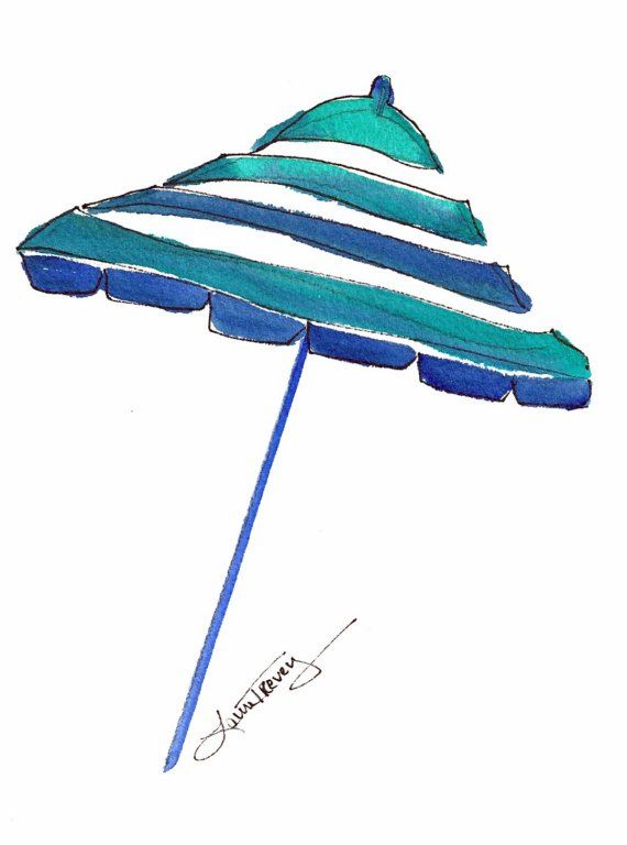 570x768 Blue Beach Umbrella, Watercolor Painting, Original 5 By 7 - Beach Umbrella Watercolor
