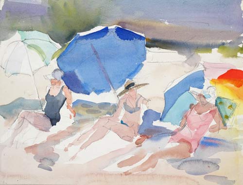 500x380 Three Girls Under Beach Umbrella - Beach Umbrella Watercolor