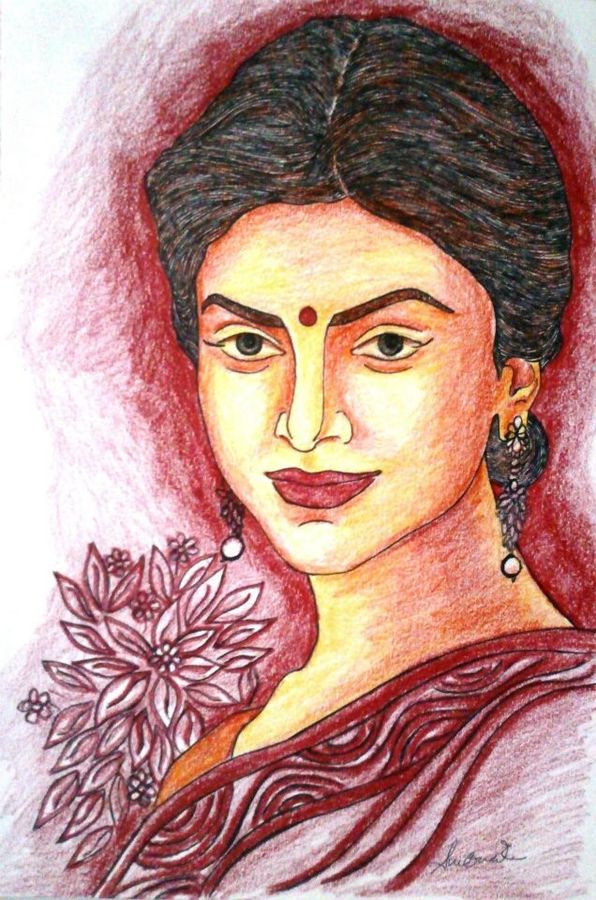 596x900 Beautiful Woman Painting By Artist Sumona Kundu - Beautiful Woman Painting Watercolor