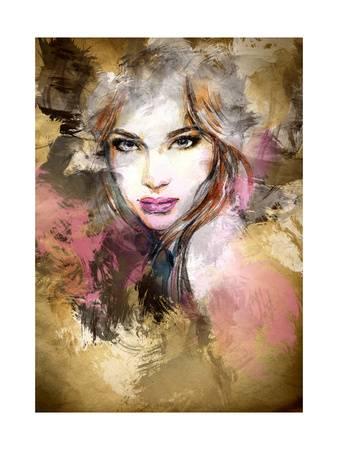 338x450 Beautiful Woman Face. Watercolor Illustration Art Print By Anna - Beautiful Woman Painting Watercolor