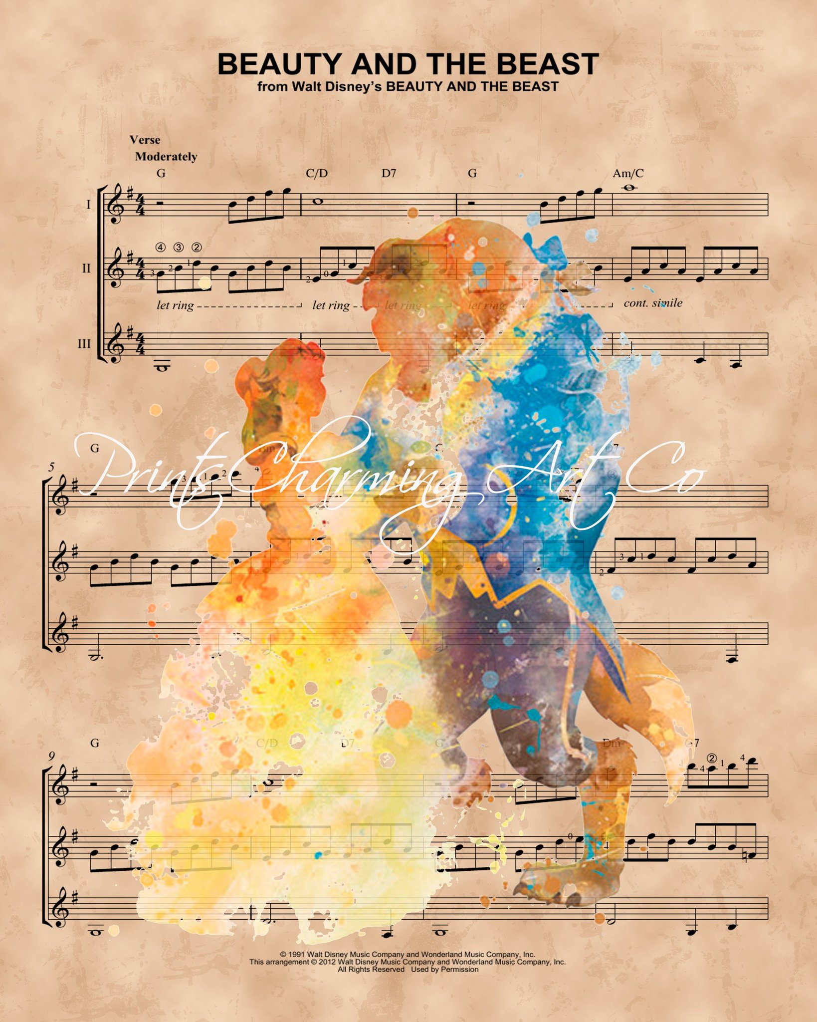 1638x2048 Beauty And The Beast Watercolor, Sheet Music Print Prints - Beauty And The Beast Watercolor
