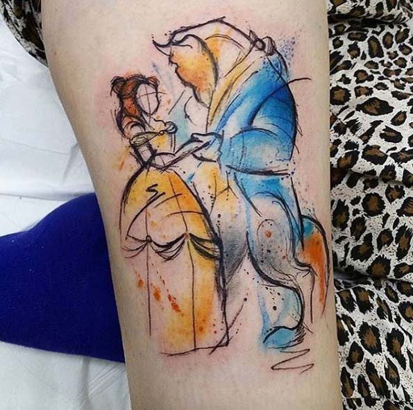 595x591 Beauty Beast Watercolor Tattoo - Beauty Beast Watercolor