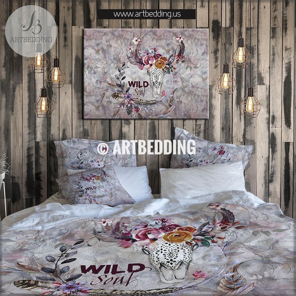 1000x1000 Boho Totem Bedding, Watercolor Deer Skull Duvet Bedding Set, Totem - Bedroom Watercolor