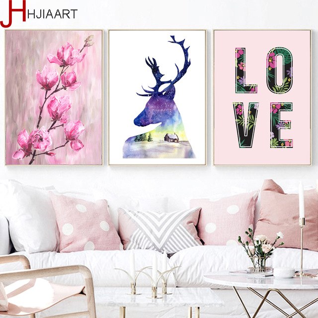 640x640 Deer Flower Love Nordic Poster Canvas Painting Wall Pictures For - Bedroom Watercolor