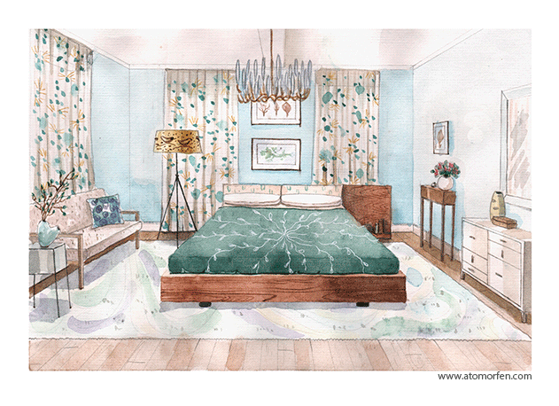 631x458 Spring Bedroom Watercolor Sketch. Interior Perspective Drawings - Bedroom Watercolor