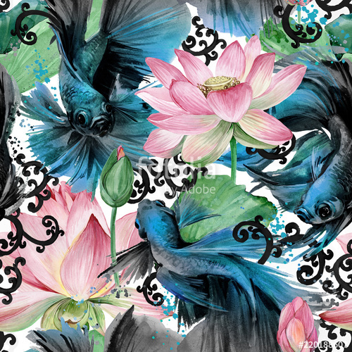 500x500 Asian Style Seamless Pattern With Betta Fish. Watercolor Nature - Betta Fish Watercolor
