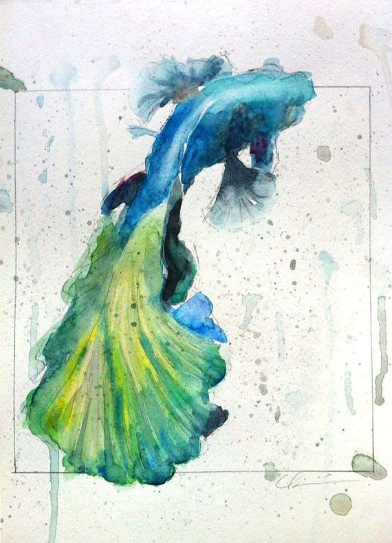 570x788 Colorful Betta Fish Watercolor By Clair Hartmann Original On Paper - Betta Watercolor