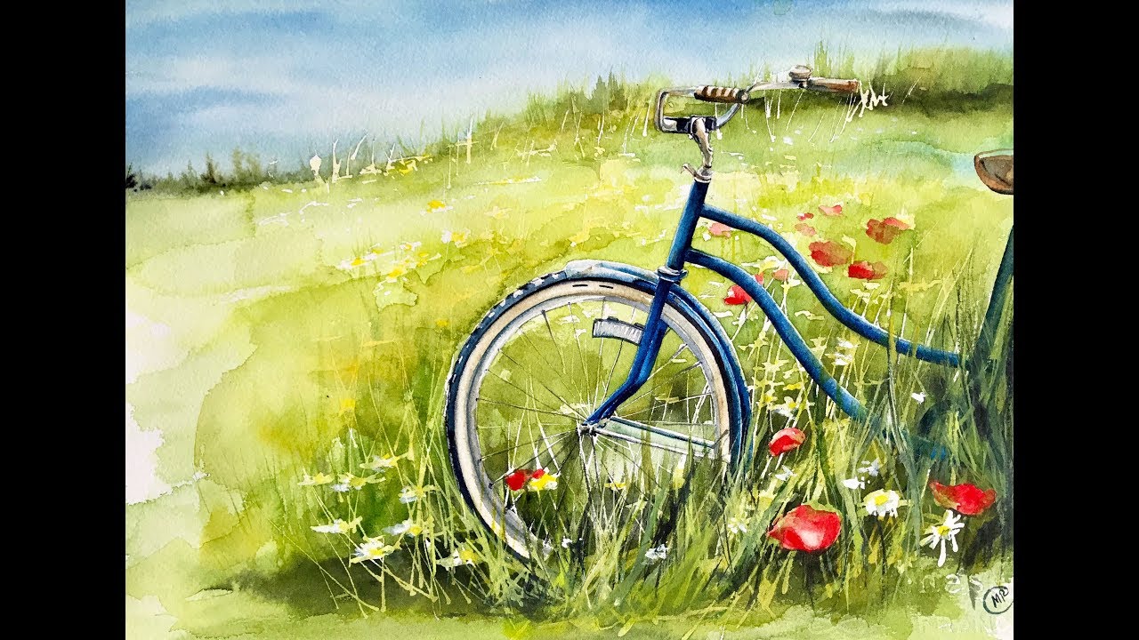 1280x720 Bicycle In A Field Watercolor Painting Tutorial - Bicycle Watercolor