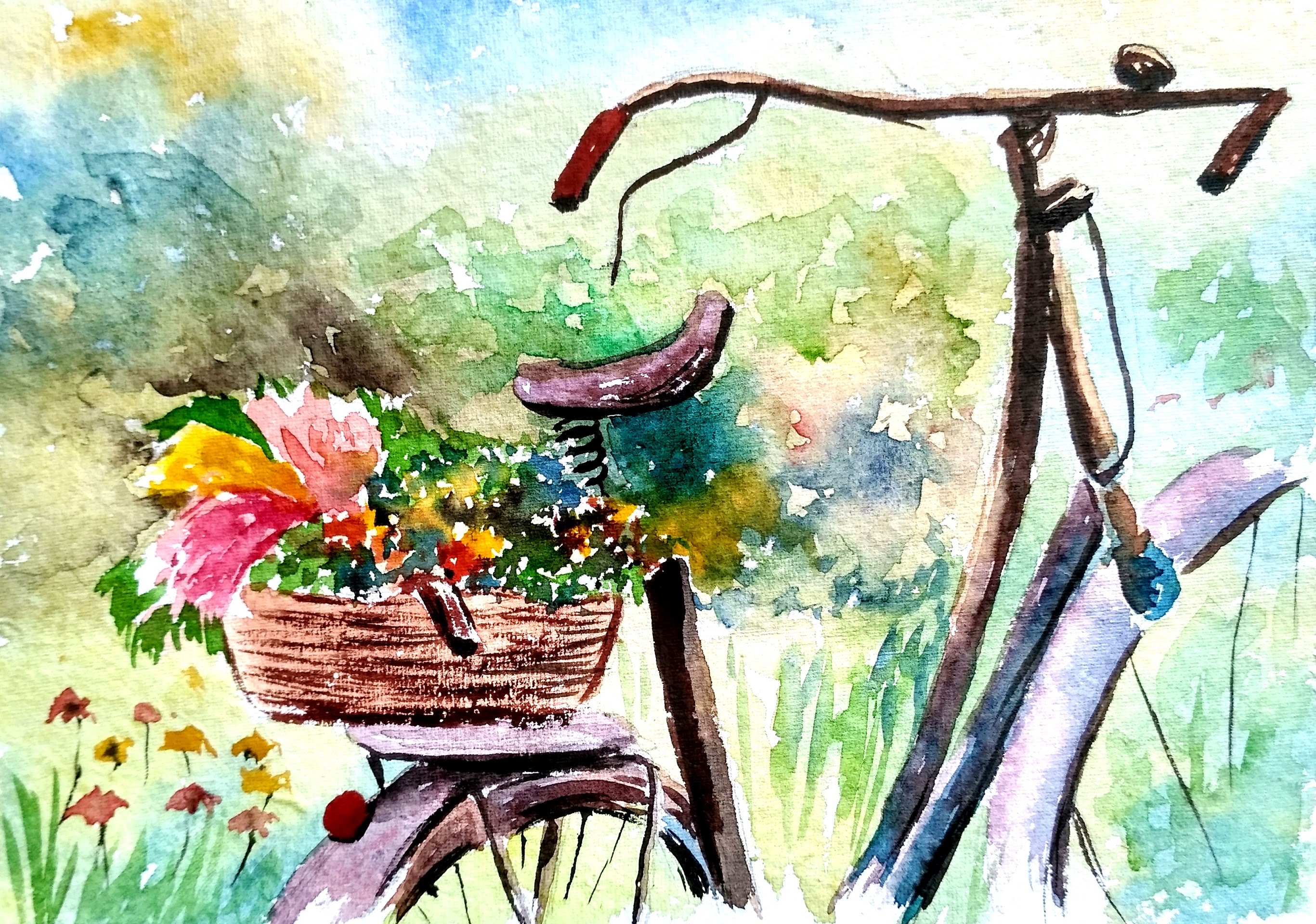 2733x1920 How To Paint Bicycle Basket With Flowers Watercolor Painting - Bicycle Watercolor