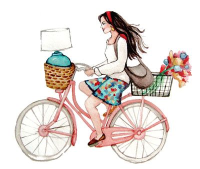 400x338 Lady Poppins Girl On Bicycle Watercolor Painting For Chihouse - Bicycle Watercolor