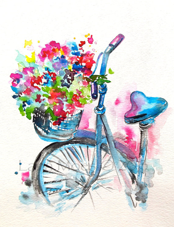 570x745 Original Watercolor Summer In Paris Illustration, Bicycle Art - Bicycle Watercolor