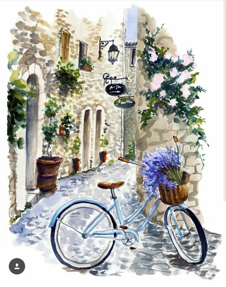 720x914 Bicycle On The Street Paintings - Bicycle Watercolor Painting