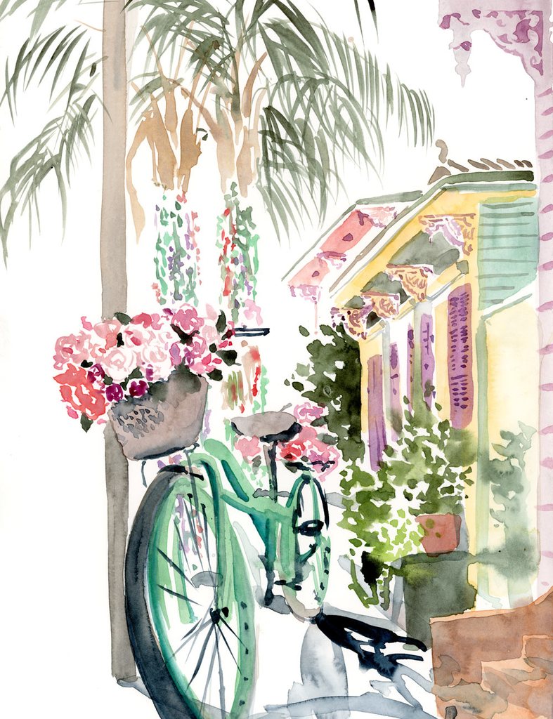 787x1024 Blooming Bicycle In The Marigny Watercolor Painting Lyla Clayre - Bicycle Watercolor Painting