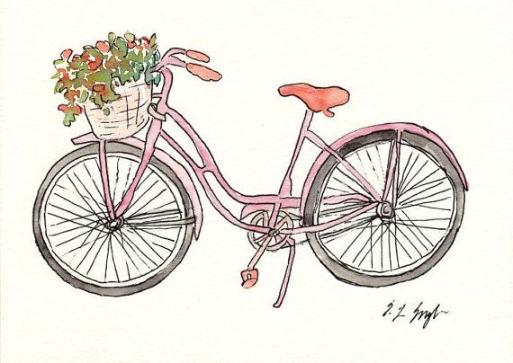 570x404 Paintings Of Bicycles Vintage Painting Pink Bike Original - Bicycle Watercolor Painting